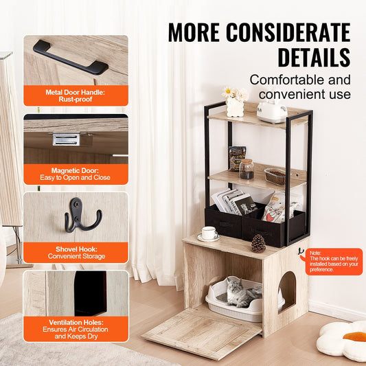 US Local VEVOR Cat Litter Box Enclosure Litter Box Furniture Hidden 2 Shelves & 2 Baskets