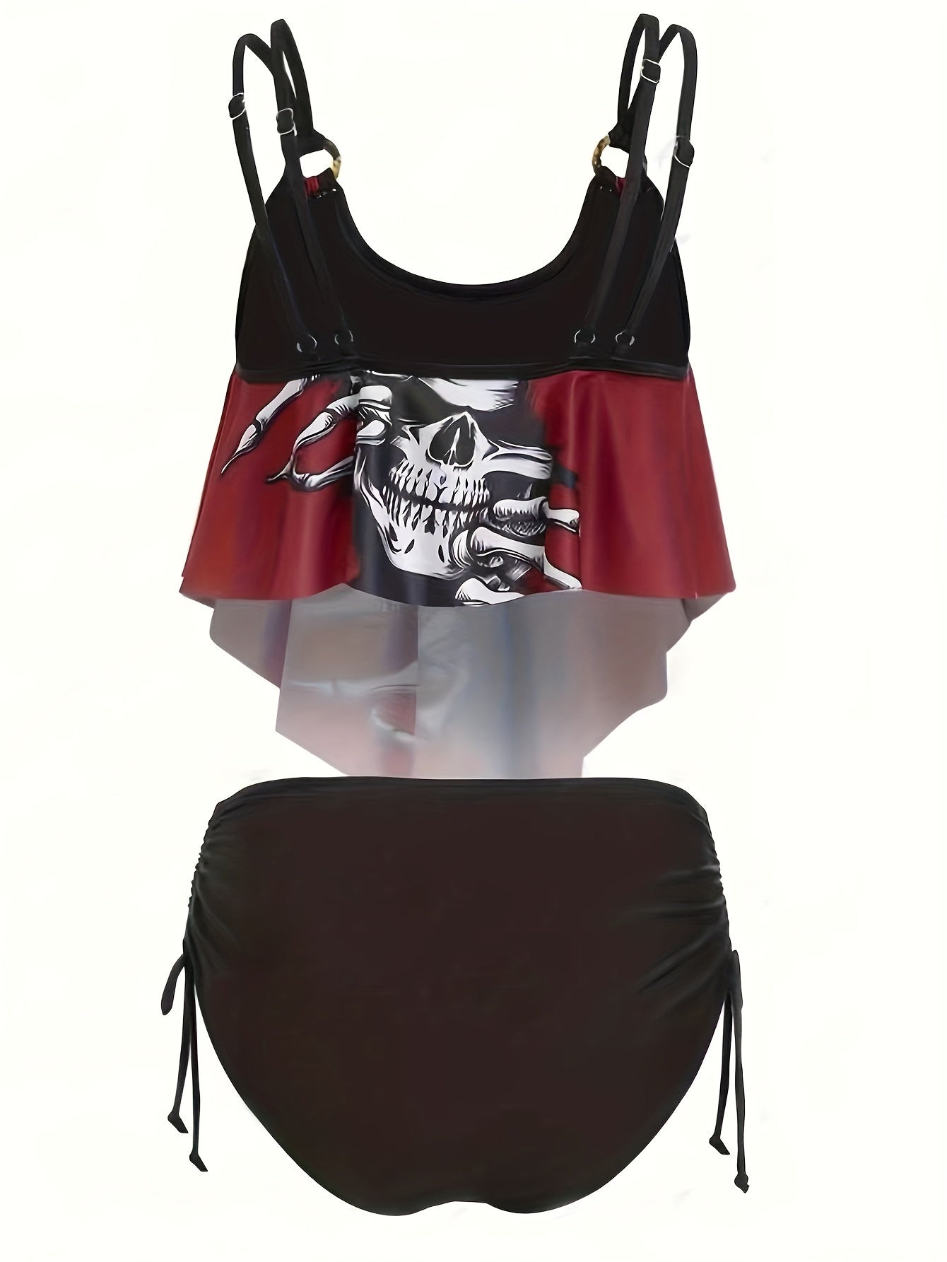 Women's Fashionable And Sexy Tankini Set, With Ruffled Edges And Halloween Skull Print, Two-piece Swimsuit, Vacation Style.