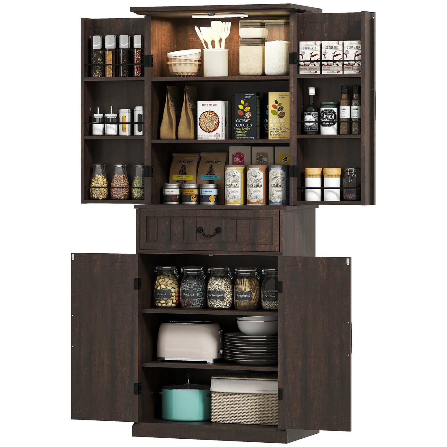 US Local 71 LED Kitchen Pantry Cabinet, Farmhouse Storage Cabinet With Door Shelves, Distressed Brown