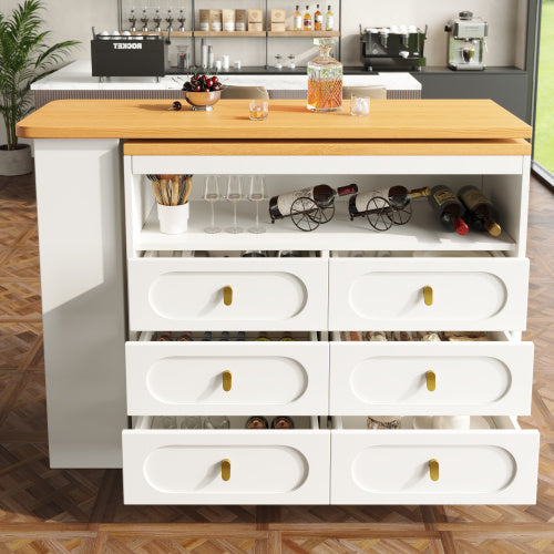 UK Local 360 Rotating Bar Table Main Body 137 X 39 X 90 Cm, Coffee Bar Furniture, Rotating Dining Bar With Storage, Kitchen Island, With Spice Rack, Six Drawers, Open Storage Space, White