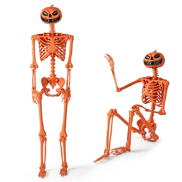 5.5ft Life-Size Halloween Skeleton With Pumpkin Head - Orange Color, Fully Poseable Joints Jaw Shoulders Knees , PP PE Material