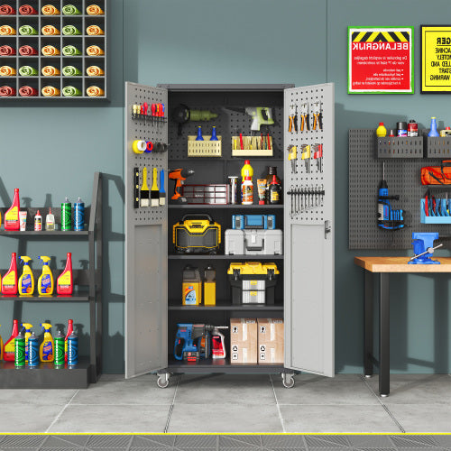 US Local 71 Metal Garage Storage Cabinet With Wheels - Heavy-Duty Tool Storage Cabinet For Home, Office, School, And Garage Organization, Black Gray