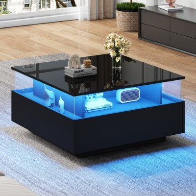 UK Local Coffee Table With Storage For Living Room, Modern LED Coffee Table, Square Tea Table With 2 Sliding Drawers Wood Center Table Acrylic Glass Coffee Table
