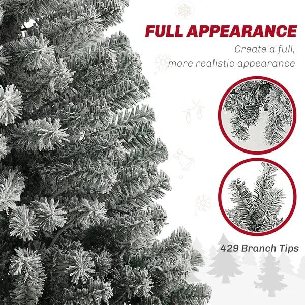 CA Local 6 ft Prelit Pencil Artificial Christmas Tree, Flocked Xmas Tree With Remote, Dual Colour LEDs, 429 Tips, Metal Stand