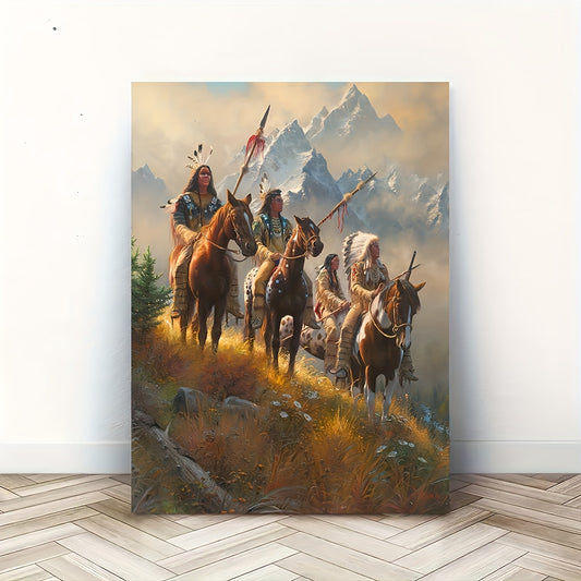 US Local A Canvas Painting With A Wooden Frame That Can Be Hung Directly, Featuring A Native American Warrior On Horseback. It Is Suitable As A Decoration For Bachelor Parties, Vintage Landscape Art, Framed Wa