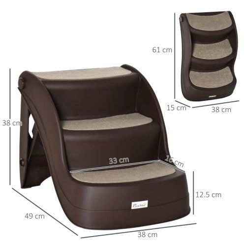 UK Local PawHut Foldable Pet Stairs Portable Dog Steps 3-Step Design With Non-slip Mats For High Beds, Sofas, 49 X 38 X 38 Cm, Brown