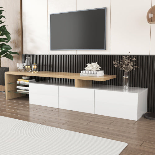 UK Local Modern TV Cabinet Design Stylish And Elegant, Practical Storage, High-gloss White, Wooden Look, Glass Shelves, LED Lighting