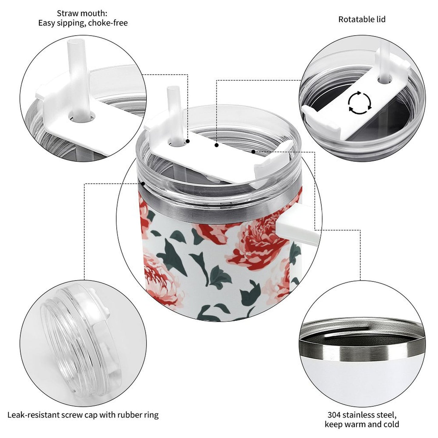 PHDT00421 POD US Local Tumbler 40 oz Large Capacity Car Cup Peony, Red, Flower