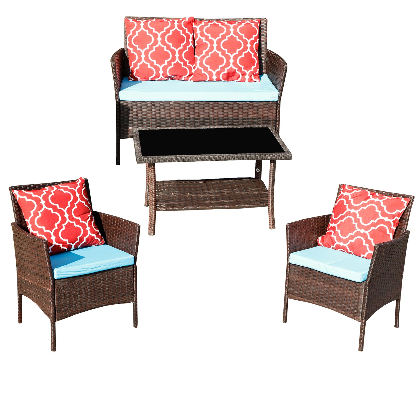 US Local New Design High Quality Four-Piece Sofa Set Table With Sofa Chair PE Rattan Outdoor Furniture W3152P269438 Box 1 With Emerald Green Color Cushion