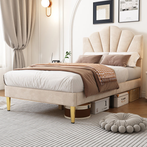 UK Local Velvet Upholstered Bed,Single Bed-3ft 90x190cm, Shell-like Bed With Golden Iron Legs, Wooden Slatted Frame, Upholstered Bench With Storage Space 90x40x42cm