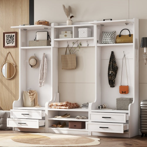 US Local 4-in-1 Detachable Hall Tree With Storage And 7 Hooks, Multiple Functions Hallway Coat Rack With Storage Drawers And Cabinet, Black Shoe Bench For Entryway Hallway