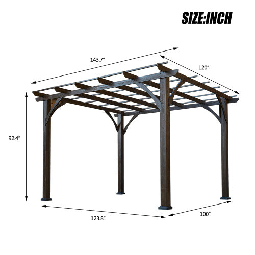 US Local 12' X 10' Outdoor Pergola, Wood Grape Gazebo For Climbing Plant Support, Garden, Patio, Backyard, Deck, Brown