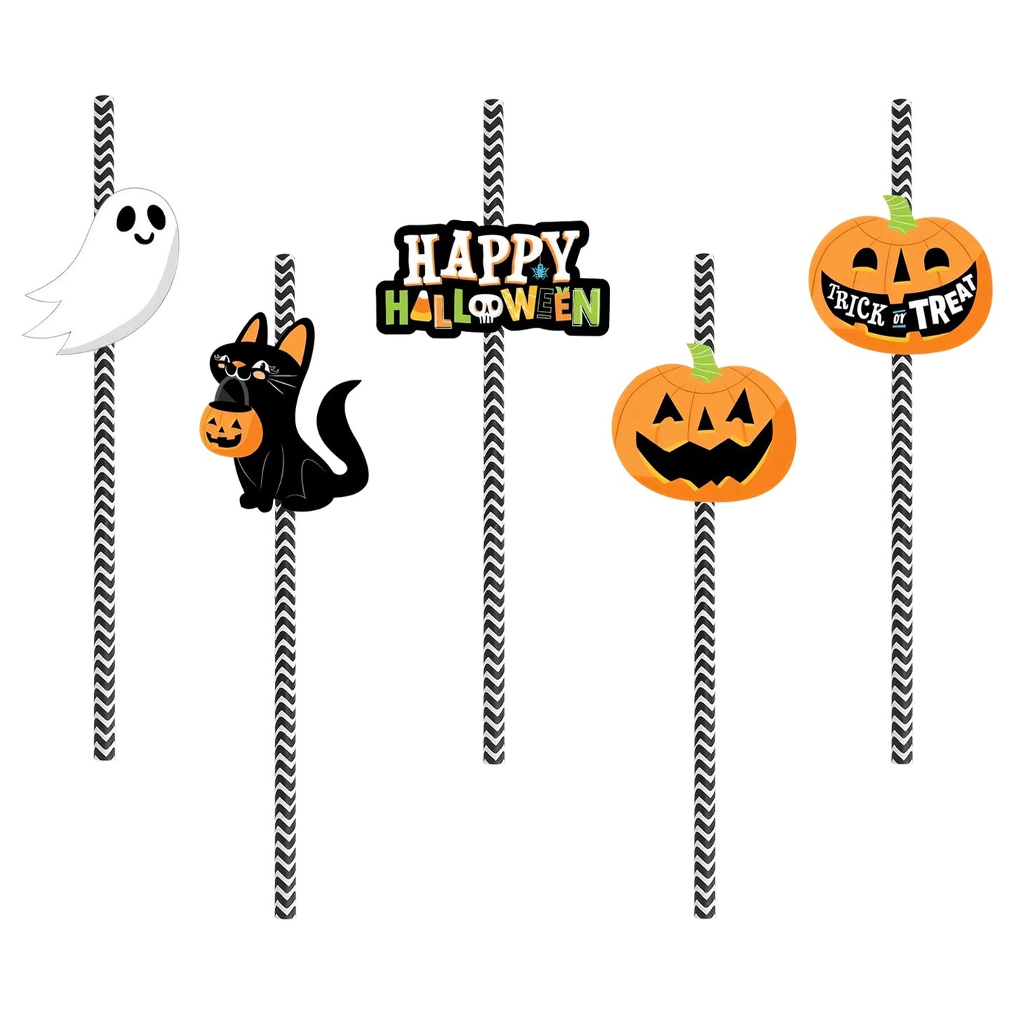 US Local Set Of 25Pcs Halloween Party Striped Decorative Straws Disposable Drinking Straws Paper Straw Decor Happy Halloween Ghost Lantern Black Cat Halloween Party Supplies