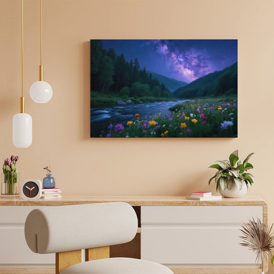 POD Decor Interior Frame Painting Horizontal, Mountain river starry summer