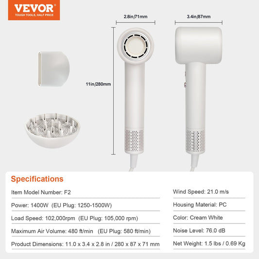 US Local VEVOR High-Speed Hair Dryer With 102,000RPM Brushless Motor, 200 Million Negative Ions Hair Blow Dryer, 3-Color Temp LED Lights & 2 Speeds, Lightweight Hairdryer With Diffuser & Nozzle For Home Travel