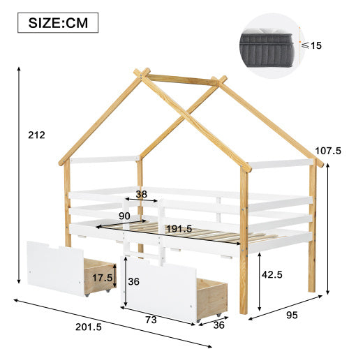 UK Local Wooden Bed, Children S Bed, 3ft Single Bed 90x190cm, MDF Pinewood Plywood, Safety Guardrail, Two Storage Drawers With Wheels,Roof Shape, White Natural