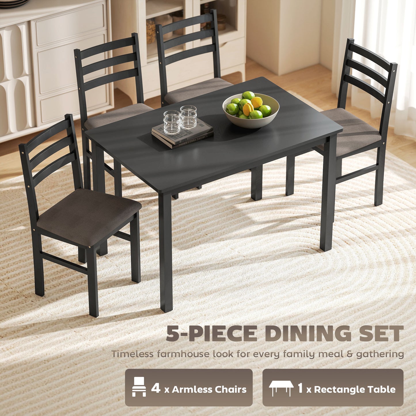 US Local 5-Piece Small Kitchen Table Set For 4, Farmhouse Dining Table Set With Upholstered Chairs And Rubber Wood Legs, Black