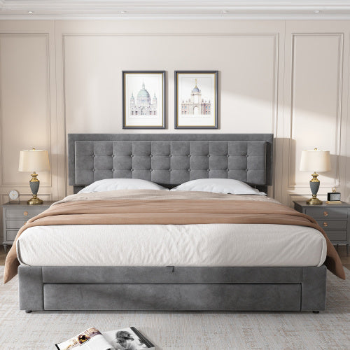 UK Local Upholstered Bed,Super King Size Bed-6ft180x200cm, Velvet Fabric, Double Bed, Large Storage Space,With Slats And Headboard,Without Mattress,Grey