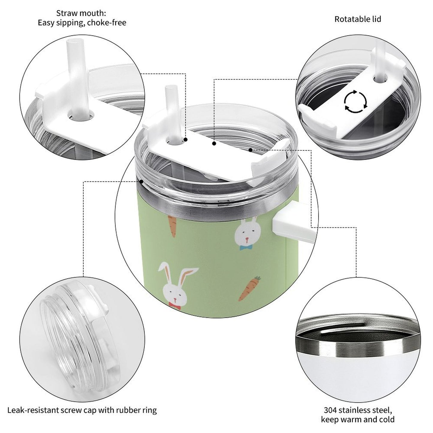 PHDT00524 POD US Local Tumbler 40oz Large Capacity Car Cup Rabbit Carrot Green