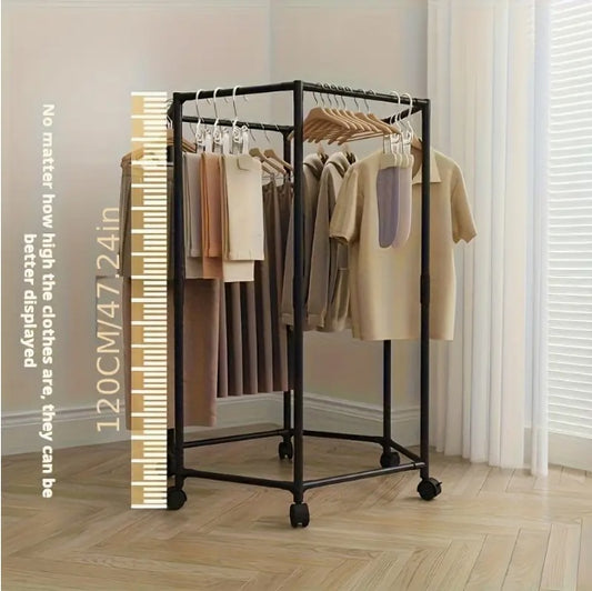 US Local Space-Saving Hexagonal Clothes Drying Rack - Sturdy Metal Floor Standing Coat Rack With Multiple Rods, Suitable For Bedroom, Dormitory, And Balcony, Holds Multiple Garments, Dorm Room Furniture