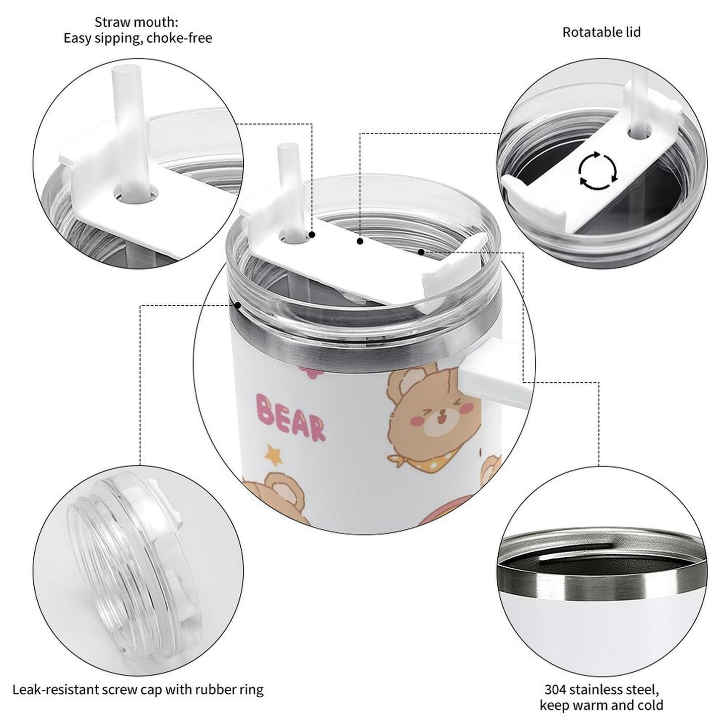 PHDT00513 POD US Local Tumbler 40oz Large Capacity Car Cup Cute, Teddy Bear, Happy