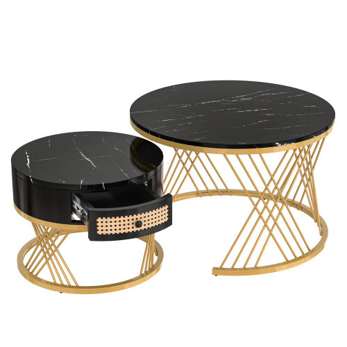UK Local 2 In 1 Round Coffee Table Made Of MDF With Marble Grain Veneer Top, Rattan Drawers And Solid Wood Handles. Gold Coloured Iron Legs. 70x70x45.5 50x50x38.5cm