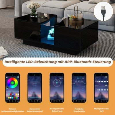 UK Local Led Coffee Table With 2 Drawer Storage, High Gloss Coffee Table For Living Room Unique Shape Centre Table With 16-Color Led Lights,End Table For Home Office Furniture, Black