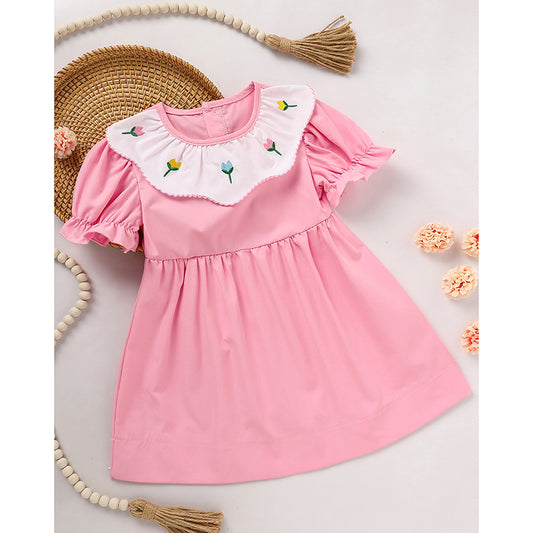 US Local Toddler Baby Girl Spring Tulip Smocked Short Sleeve Dress With Lovely Tulip Embroidery Princess Dresses