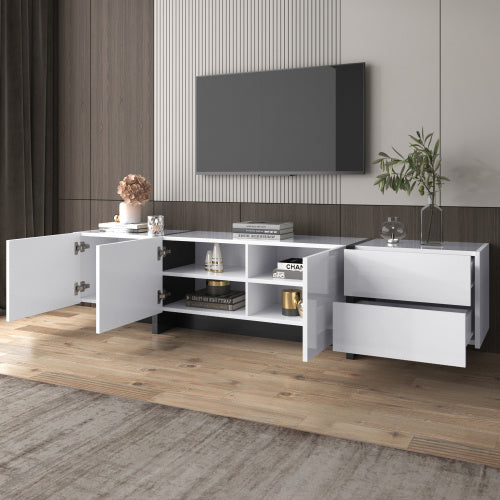 UK Local TV Cabinet, Low Panel With Colorblocked Legs In High-gloss White And Black, With Doors And Drawers, Doors With Shelves. Simple Line Design.