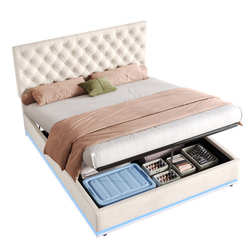 UK Local Double Ottoman Bed With LED Lighting, Velvet Upholstered Bed With Hydraulic Storage, 4ft6 Double Bed Frame With Handmade Button Tufted Adjustable Headboard, No Box Spring Needed, Beige No Mattress