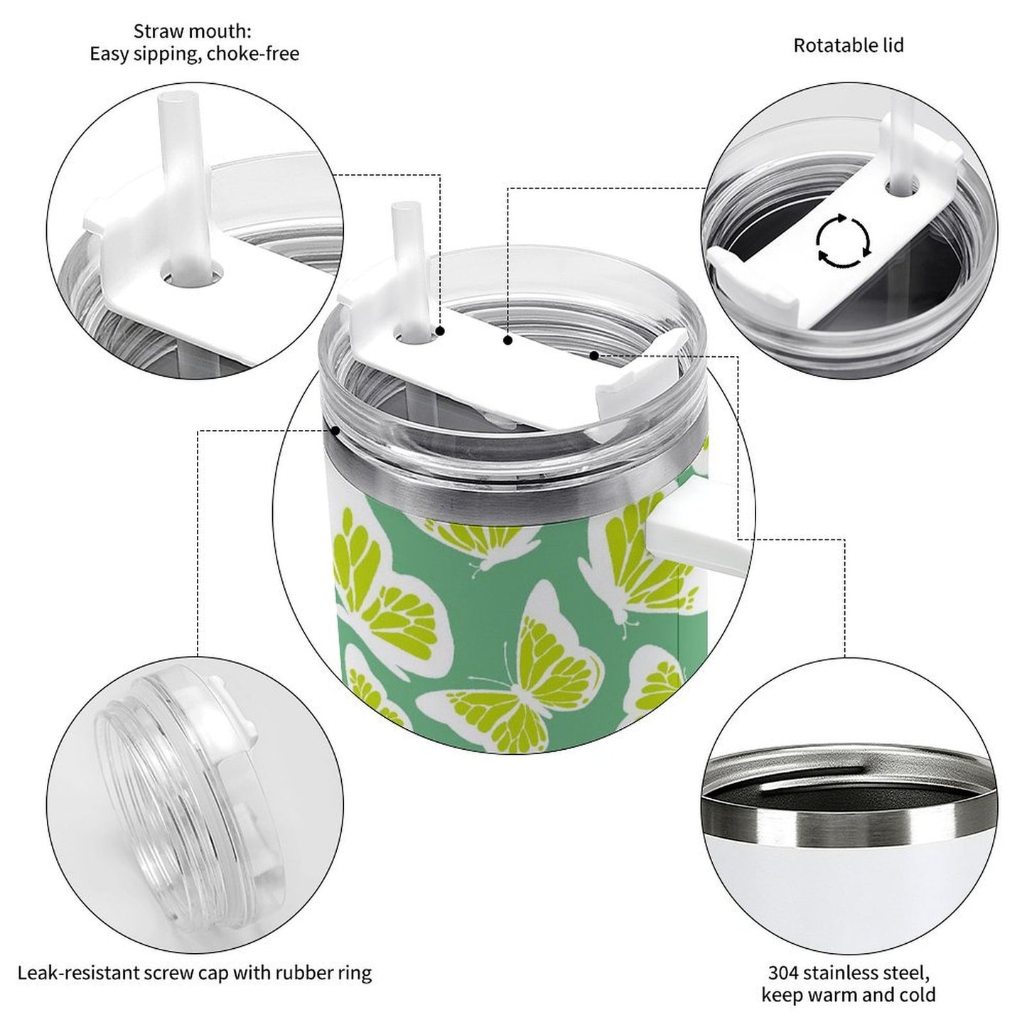 PHDT00523 POD US Local Tumbler 40oz Large Capacity Car Cup Green Butterfly