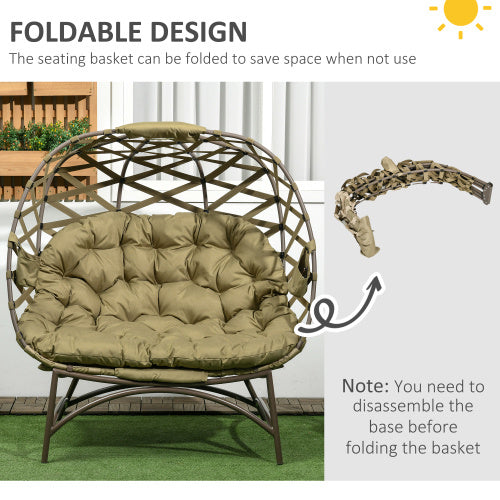 UK Local Outsunny 2 Seater Egg Chair Outdoor, Folding Weave Garden Furniture Chair With Cushion, Cup Pockets - Khaki