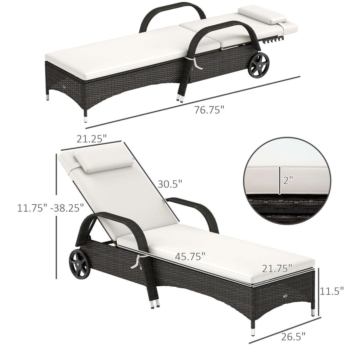 Outdoor Chaise Lounge, 5-Level Adjustable Backrest Rattan Pool Lounge Chair With Wheels, Cushion & Headrest, Cream