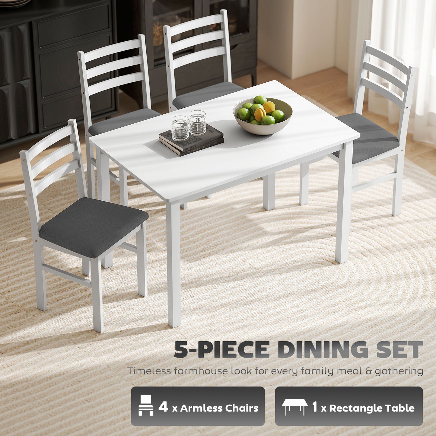 US Local 5-Piece Small Kitchen Table Set For 4, Farmhouse Dining Table Set With Upholstered Chairs And Rubber Wood Legs, White
