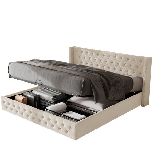 UK Local Upholstered Bed, 135x190, With Hydraulic Lever, Functional Bed From Storage,velvet, Beige