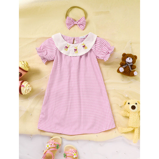US Local Infant Bbay Girls' Plaid Smocked Dress Short Sleeve Easter Bunny Rabbit Embroidery Casual Fashion Clothes