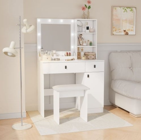 US Local Vanity Desk With Lights, Vanity Set With Mirror, Makeup Vanity Desk With Large Drawers Three Level Storage Dreeser, VanitysVanities With 3 Lights Brightness Adjustable For Bedroom, White