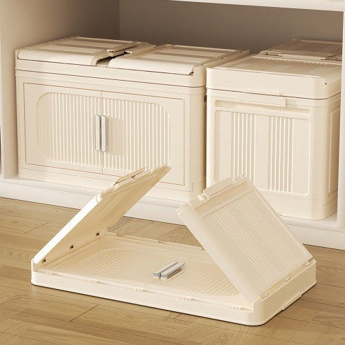 US Local Cream White,19.69 Side Wide Folding Storage Cabinet ,5 Tiers,19.69x11.81x50.00,Collapsible Storage Bins With Magnetic Door, Plastic Storage Cabinet With Wheels