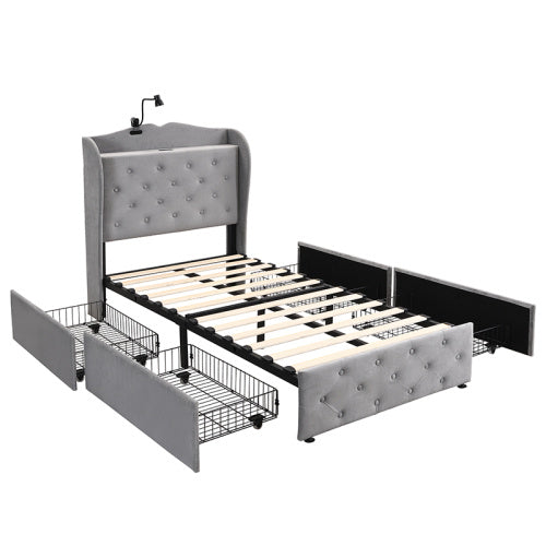 UK Local Upholstered Bed, Storage Bed, 3FT Single Bed 90x190cm, With 4 Drawers And Lamp, 3 USB Port 1 Type C, Durable And Sturdy, Youth Bed, For Adults Teenagers, Velvet, Grey