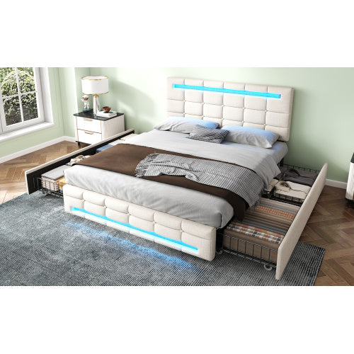 UK Local 4ft6 Double Upholstered Bed With LED Lighting And Storage Drawers, Linen Fabric Storage Bed Frame With Adjustable Button Tufted Headboard, No Box Spring Needed, Easy Assembly, Beige