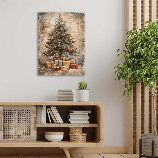 US Local A Canvas Oil Painting With A Wooden Frame, Depicting A Vintage Christmas Tree With Gifts Under It Decorating The Living Room.