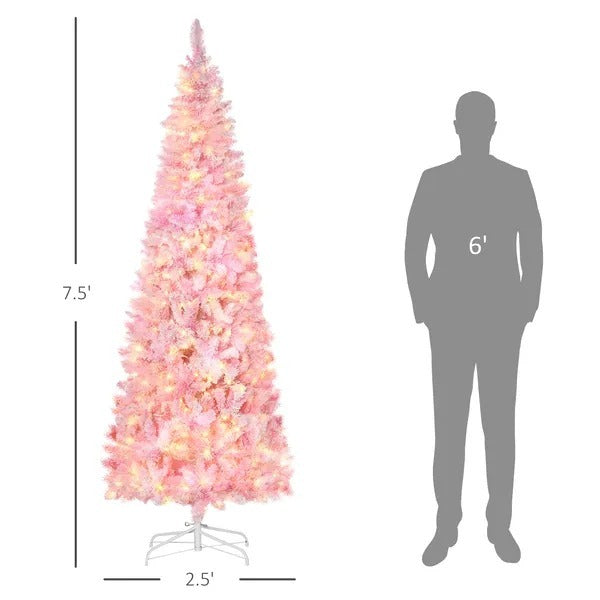 CA Local 7.5 ft Prelit Snow Flocked Artificial Christmas Tree With Pencil Shape, 700 Pine Realistic Branches, Warm White LED Lights, Auto Open, Pink And White