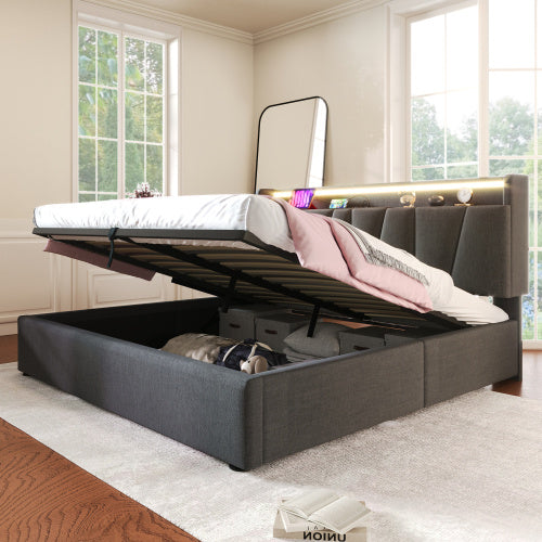 UK Local Upholstered Double Bed With USB Charging Function, Storage Headboard And LED Lighting, 5ft King Size Bed Storage Bed Frame 150 X 200 Cm, Wooden Slatted Frame, Grey No Mattress