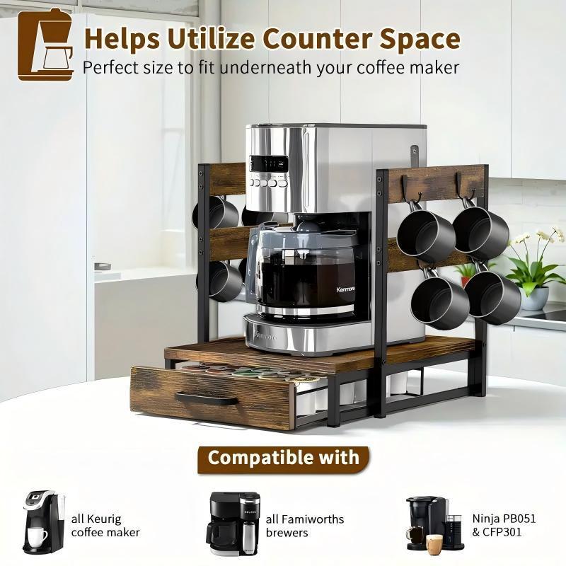 US Local Coffee Maker Storage Rack Coffee Bean Accessories Organizer Sturdy K-Cup Storage Drawer With Cup Holder Coffee Maker Stand Kitchen And Office Countertop Storage Rack