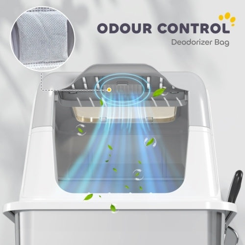 UK Local PawHut Extra Large Stainless Steel Litter Box, Enclosed Cat Litter Tray With Scoop, Deodorizer Bag, Front-Entry And Top-Exit