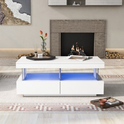 UK Local Coffee Table For Living Room, High Gloss Tea Table With 16-Color LED Lights, Coffee Table With 2 Drawers And Open Storage Space, End Table For Home Office Furniture, White