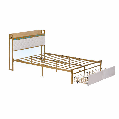UK Local 4ft6 Double Bed Frame With 2 Storage Drawers, RGB LED Storage Headboard With Charging Station, Velvet Bed Frame, With Chrome Decoration, No Box Spring Needed, Easy Assembly, Beige