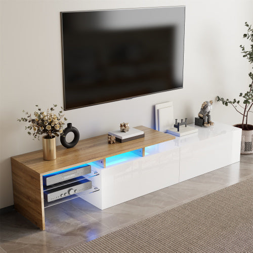 UK Local Modern TV Cabinet Design Stylish And Elegant, Practical Storage Space, Black And Wood Look, Glass Shelves, LED Lighting