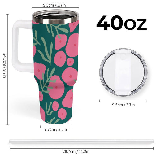 PHDT00424 POD US Local Tumbler 40 oz Large Capacity Car Cup Pink Green, Flowers, Leaves