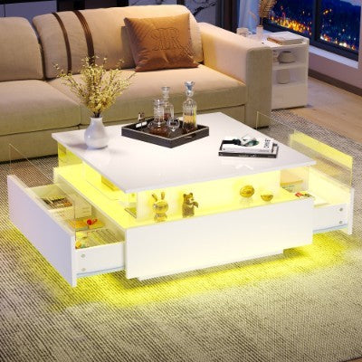 UK Local Coffee Table With Storage For Living Room, Modern LED Coffee Table, Square Tea Table With 2 Sliding Drawers Wood Center Table Acrylic Glass Coffee Table